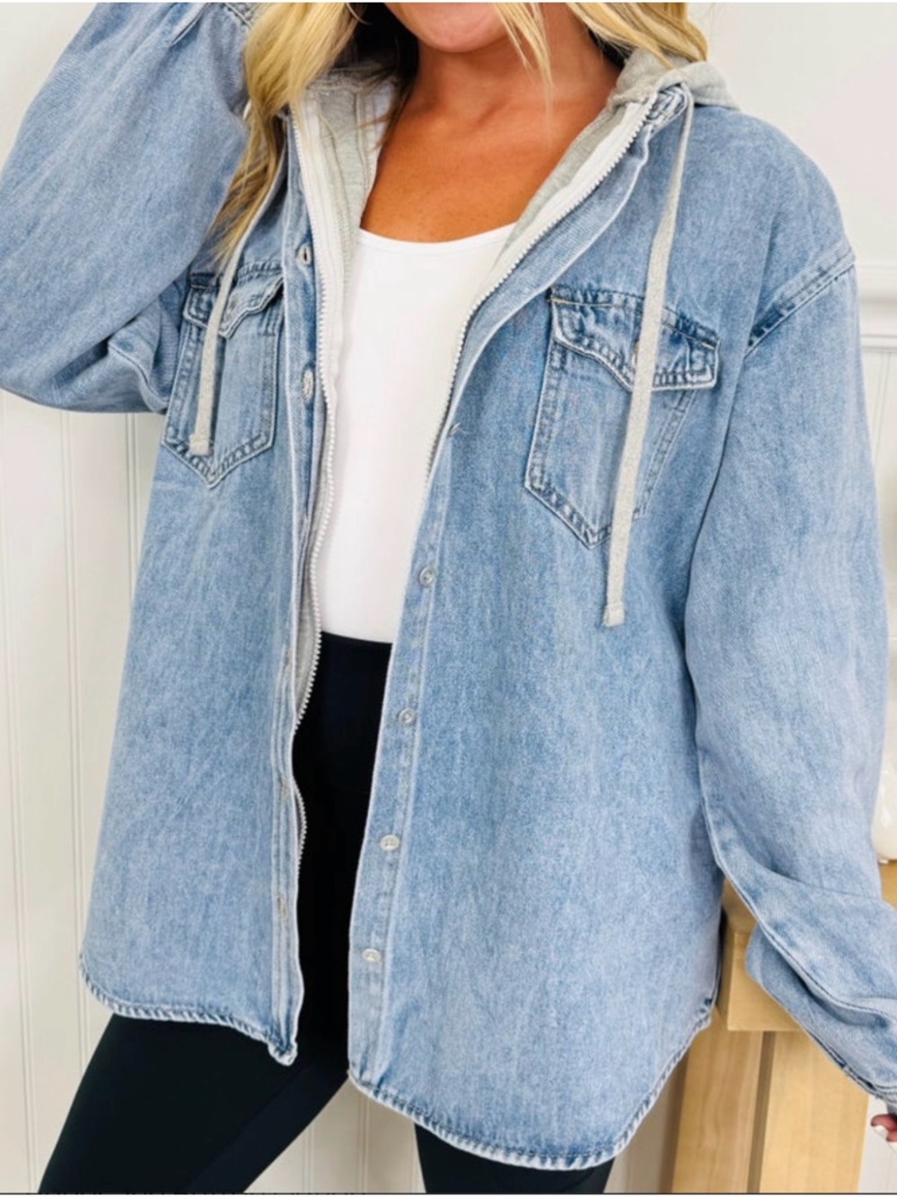 Women's Light Wash Denim Sweatshirt Hooded Jacket with